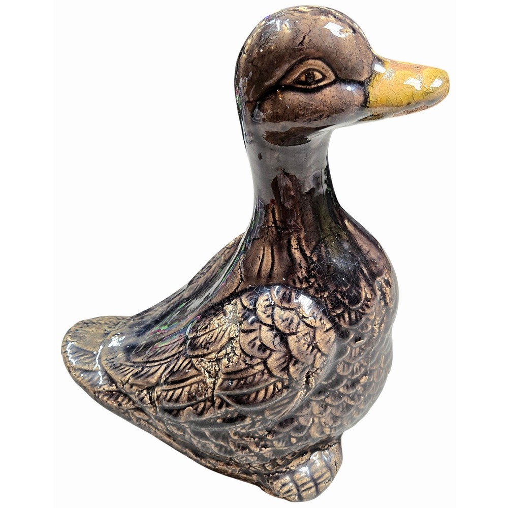 Vintage Large Ceramic Duck Figurine Brown Crackle Glaze Pottery Decor 12"